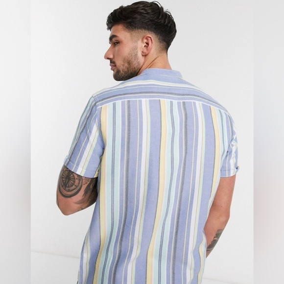 ASOS DESIGN regular fit grandad collar oxford stripe shirt in pastel colours - S - Picture 3 of 12
